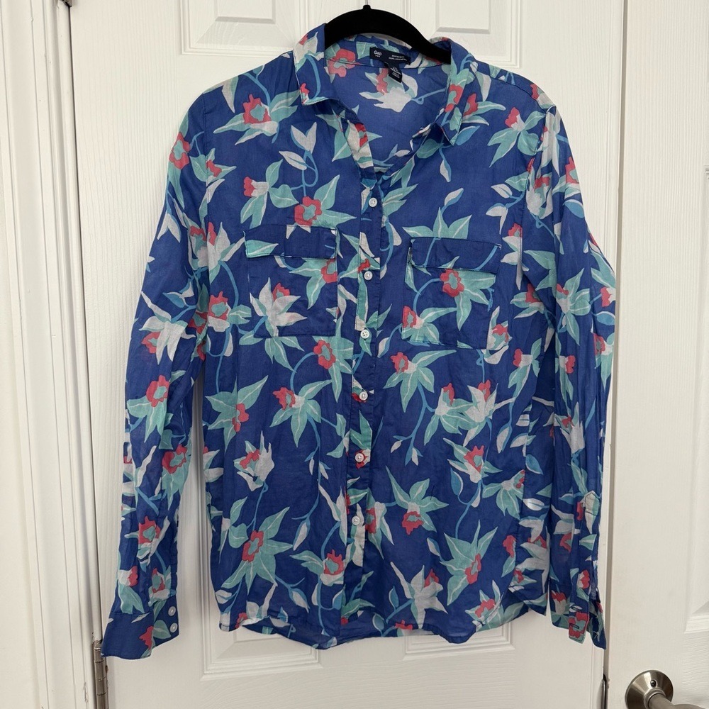 Gap Boyfriend Fit Blue Floral Button-Up Cotton Lightweight Shirt Women's XS EUC
